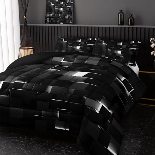 Image of Nttopship Neon White Black Comforter Set Full Geometric Kids Bedding Set,3 PCS Geometry Honeycomb Bed Set Modern Quilt Set 1 Comforter 2 Pillow Cases Cool Room Decor All Season B-Side Black