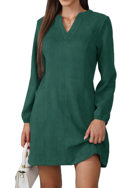 JayscreateEU Damen Kleid Mit Taschen Langarm V-Ausschnitt Herbstkleid Winterkleid Damen Knielang Tunika A Linien Shirtkleid Mit Taschen Langarm Autumn...