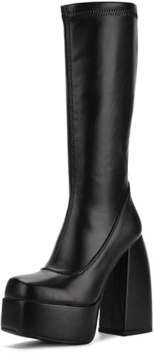 Botas altas hasta la rodilla para mujer, tacón alto, punta redonda, cremallera lateral, estilo punk, botas de combate para mujer