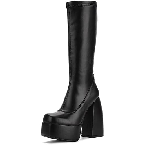 Womens Mid Calf Knee High Boots High Heel Round-Toe Side Zipper Punk Style Shoes Combat Boots For Women