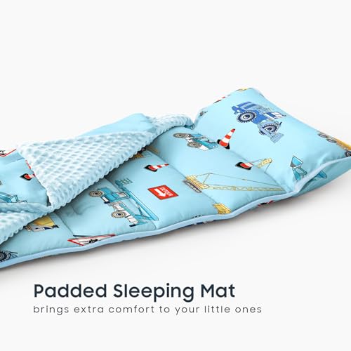 Image of Wake In Cloud - Toddler Nap Mat with Pillow and Minky Fleece Blanket, for Kids Boys Ages 3 Plus in Daycare Preschool Kindergarten, Roll Up Sleeping Bag, Construction Trucks