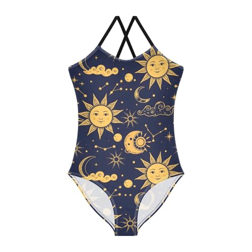 Star Moon Pattern Girls Swimsuits Quick Dry Crossback One Piece Beach Swimwear Bathing Suit