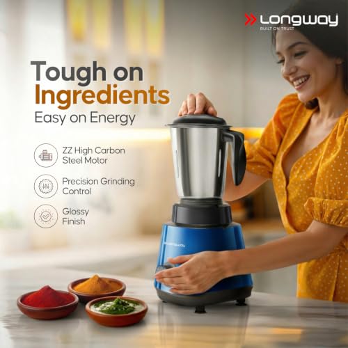Image of Longway Super Pro Mixer Grinder | 500 Watt Powerful Motor | 3 Jars for Grinding, Mixing, Juicing | 2 Years Warranty (Blue & Black)