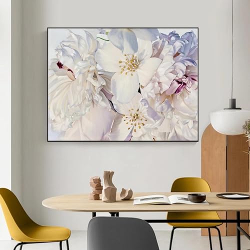 Décoration murale salon fleurs blanches - Peinture moderne sur toile style scandinave 50x70 cm