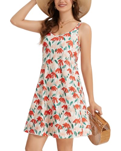 Image of ANYFITTING Built in Bra Summer Dresses for Women 2025 Casual Short Dress with Pockets Mini Floral Sundresses
