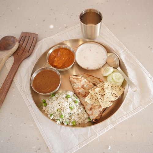 Image of Premium 6-Piece Pure Kansa Solid Dinner Set | Matte Finish | 1 Plate, 1 Spoon,2 Bowls, 1 Glass | Authentic Bronze Thali Set (कांसे का थाली सेट) (12 inch Plate(6 piece Set))