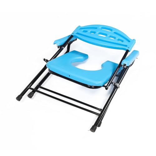 Image of Folding Elderly Disabled Man And Pregnant Woman Stainless Steel Shower And Bathing Room Mobile Commode Chair With Toilet Seat Comfortable Safe Toliet Stool Anti-Skid (Blue)