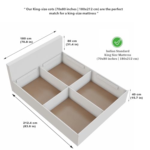 Image of VIKI Vault King Size Bed with Storage (70x80) | Engineered Wood Bed Frame for Bedroom | Modern Box Storage Cot | Frosty White Finish | Free Assembly | 1 Year Warranty