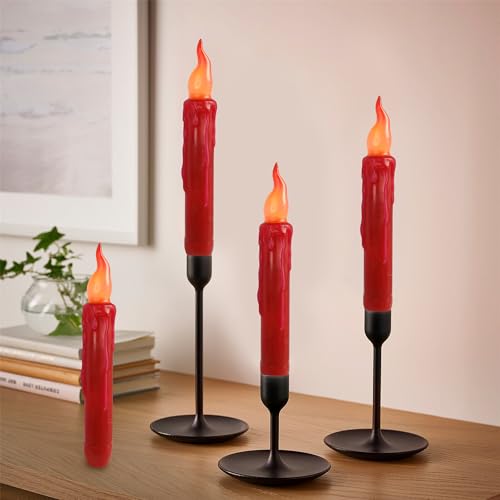 Image of Red Candlesticks Flameless Taper Candle, 4pcs Short LED Tapered Candles Remote Dipped Candle 6inch Battery Chandelier for Enchanting Christmas Harry Potter Inspired Vigils,R