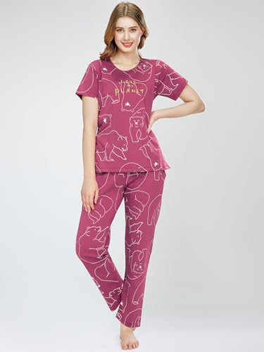 Image of ZEYO Night Suit for Women's Polar Bear Printed Cotton Night Dress of Top and Pajama Set 5776
