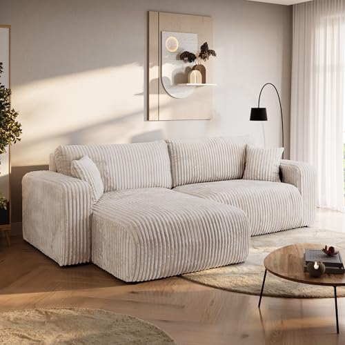 BROMARKT Ecksofa mit Schlaffunktion Creme Couch L-Form Cordstoff Sofa mit Bettkasten Wohnzimmer Schlafcouch Schlafsofa mit Stauraum Eckcouch 3 Sitzer Wohnlandschaft 244x148x82 cm TILIO