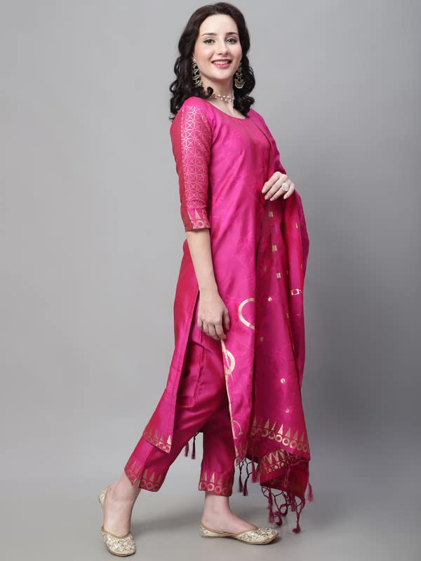 Image of VredeVogel Women's Cotton Silk Jacquard Kurta Pant Set with Banarasi Silk Dupatta