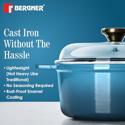 Image of Bergner Excalibur Lightweight Cast Iron Dutch Oven /Biryani Pot /Casserole with Glass Lid, 20cm (2.3L), Non-Stick Coating, PFAS Free, Elegant Design, Silicone Grips, Induction and Gas Stove Ready (Blue)