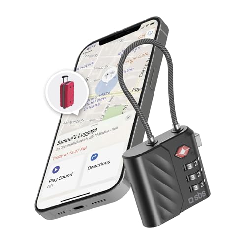 SBS Track My Lock - Candado TSA con localizador Finder Integrado, Compatible con Apple Dove è (iOS), Bloqueo de combinación de 3 dígitos, Alarma de 60 dB, Carga USB-C, Ideal para Maletas y Bolsos