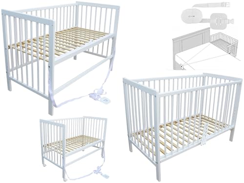 Micoland Kinderbett - Beistellbett - Babybett 120x60 cm umbaubares Bett mit Gurt und Rädern (Weiss)