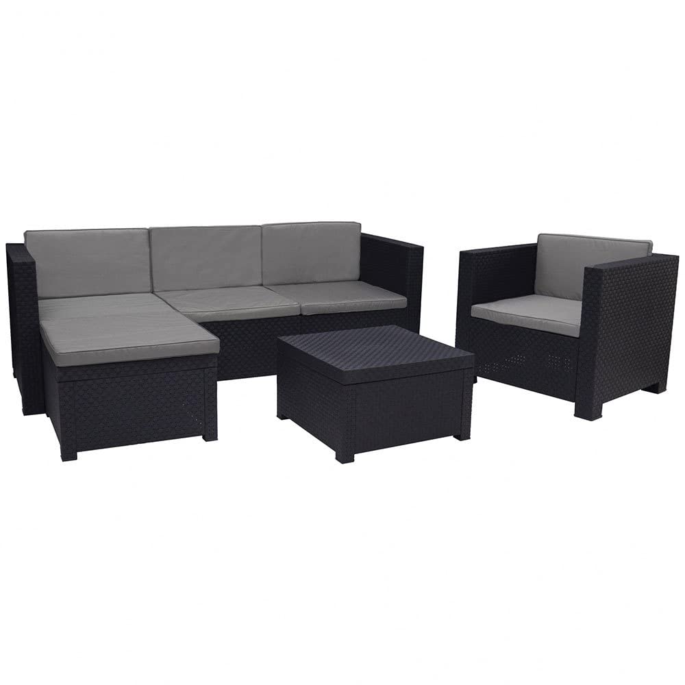 SP Berner - Set de Muebles de Jardín y Terraza Manhattan Color Grafito - Sofá 3 Plazas, 2 Sillones, 1 Puf y Mesa de Centro - Fabricado en España con Plástico Reciclado