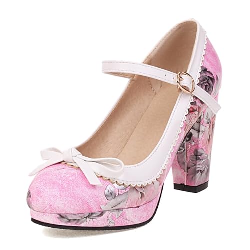 FOREADA Mary Jane - Tacones para mujer, con lazo, plataforma Lolita, tacones altos, zapatos kawaii, zapatos de vestir con punta redonda, Tacones Rosados, 40 EU