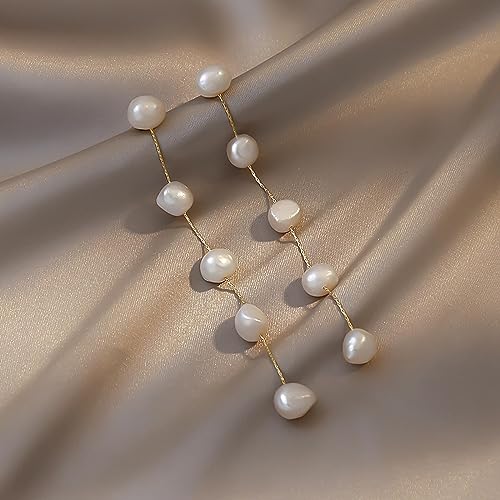 Boucles d'oreilles longues perles blanches légères à porter sans douleur en fête