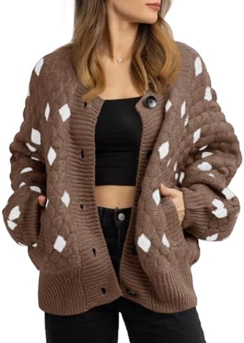 Saodimallsu Womens Chunky Cardigans Button Down Long Sleeve Open Front Plaid Knit Loose Fall Sweater Coats