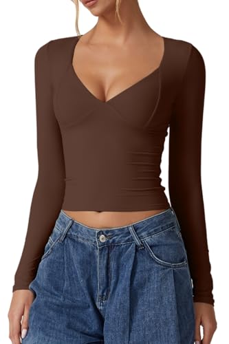 QINSEN Long Sleeve Shirts for Women Sexy V Neck Seamed Cup Tee Shirt Double Lined Going Out Tops Coffee Bean L