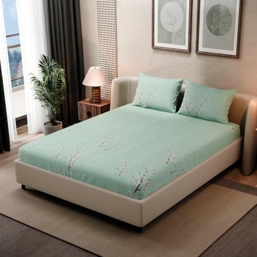 Image of BLISSHOME SoftTouch 140TC Cotton King Size Fitted Bedsheet with 2 Pillow Covers, Silky Smooth Bedding Set, Breathable, Easy Maintain, Floral Print - Green, Ivory (182cm x 198cm x 25cm Drop)
