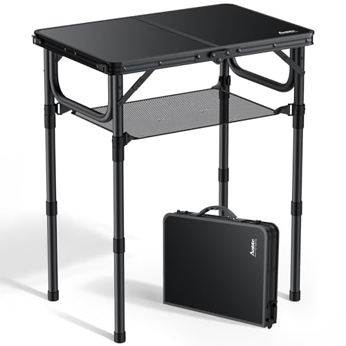 Anbte Folding Camping Table with Storage Net, Pure Black Aluminum 2ft Picnic Table 23.2' x 16' Outdoor Table Adjustable Height Max 27.5', Lightweight, Waterproof, Portable Handle for Travel Cooking