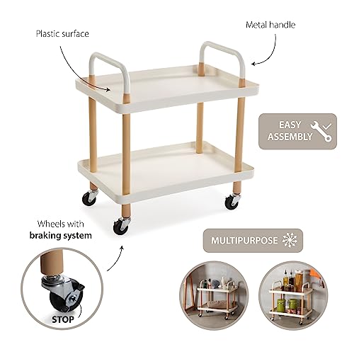 Versa Skuvoy Badezimmer-Hilfsmöbel, Aufbewahrungswagen oder -Karren, mit 2 Ablagen und Rädern, Maßnahmen (H x L x B) 55 x 36 x 53,5 cm, Metall und Kunststoff, Farbe: Weiß und braun