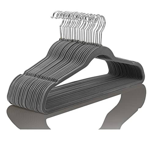 MIZGI Premium Velvet Hangers Heavyduty - Non Slip - Velvet Suit Hangers Gray - Chrome Hooks,Space Saving Clothes Hangers,Grey,One Size (Pack of 50),RD_MIZGI_GY