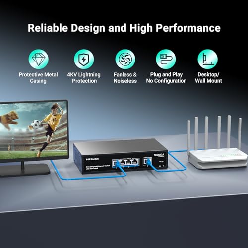 Image of 4 Port Gigabit PoE Switch Unmanaged with 4 Port IEEE802.3af /at PoE @78W, 1 x 1000Mbps Uplink, NICGIGA 5 Port Network Power Over Ethernet Switch, VLAN Mode, Desktop /Wall-Mount.