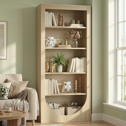 Image of 71 inch Arched Bookcase, 5-Tier Reversible Farmhouse Shelf | Reversible arch. 5 shelves. 50 lb per shelf. 11.81 inchD x 29.5 inchW x 71 inchH. Light brown finish.