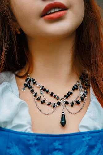MOSTORY Black Ren Faire Necklace - Gothic Layered Necklace for Witch Dark Crystal Beaded Choker for Women Halloween Renaissance Ren Faire Goth Outfit Witch Aesthetic Elven Cosplay2