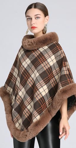 Women Poncho Cloak Plaid Pullover Cape Thick Faux Fur Shawl Wrap Knitted Batwing Sleeve Winter Woolen Sweater4