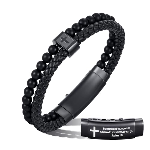 Pulsera cruz de cuero negro para hombre ajustable miniatura 1