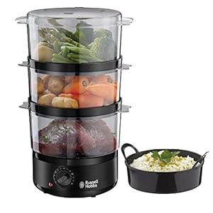 Russell Hobbs Dampfgarer [klein] 7,0l (60 Minuten Timer + Abschaltautomatik, 3 spülmaschinengeeignete Dampfgarbehälter + Reisschale/Reiskocher, BPA frei) Dampfkocher Compact 26530-56