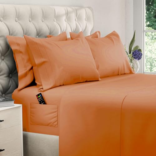 Image of DREAMCARE King Size Sheets Set - 6 pcs Breathable Cooling Sheets King Size | up to 15 inch Extra Deep Pocket King Sheet Set with Side Pockets - Extra Soft 100% Double Brushed Hotel Luxury Bedding -Terracota