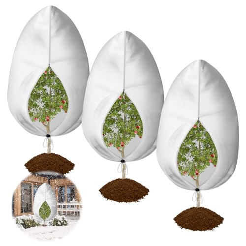 Lociban 3 Piezas Funda para Plantas, 120 x 80cm Saco Cubre Plantas Invierno con Cordón y Cremallera, Reutilizable, como Árbol Palmeras Plantas De Balcón Campana Transpirable para Protección De