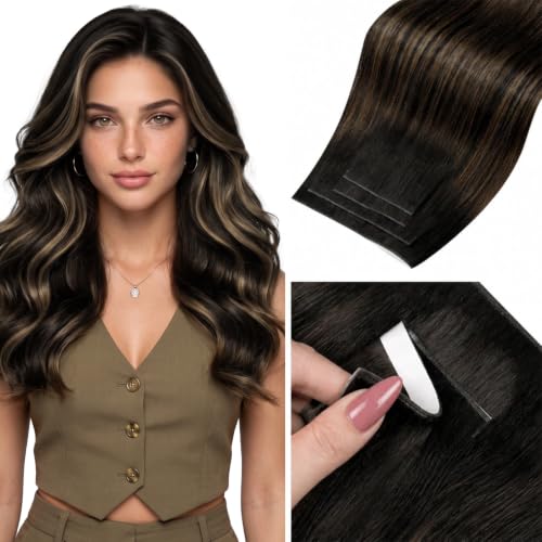 Image of LaaVoo Tape Weft Hair Extensions Balayage Brown Genius Weft Tape in Extensions Darkest Brown to Light Brown Tape in Hair Extension Real Human Hair Invisble 20inch 4pcs 120g