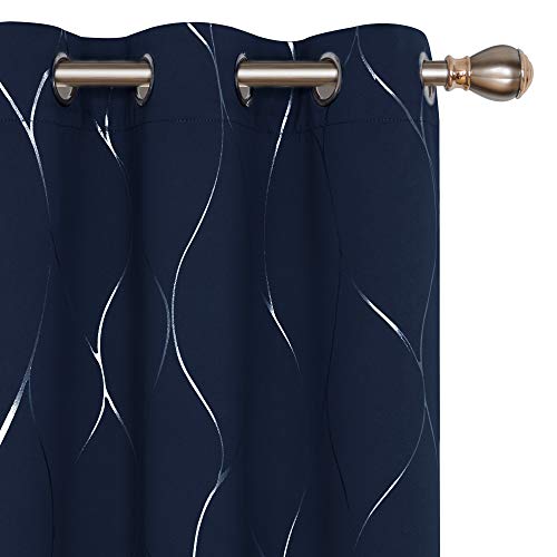 Deconovo Grommet Blackout Curtains, Foil Wave Printed Grommet Curtain, Room Darkening Window Panels, Thermal Insulated Curtain Drapes For Teens Room (42W X 54L Inch, 2 Panels, Navy Blue) #TOP30
