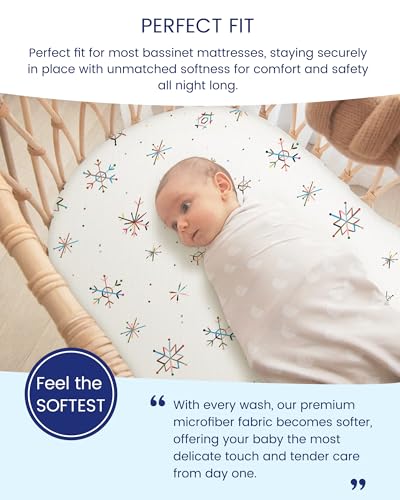 Image of Christmas Bassinet Sheets Neutral Fits Standard 16 inch X 32 inch Mattress, Soft X-Mas Bassinet Fitted Sheet Set 2-Pack, Universal Fit for Hourglass Oval and Rectangle Bassinet Mattress, Mistotle & Snowflake