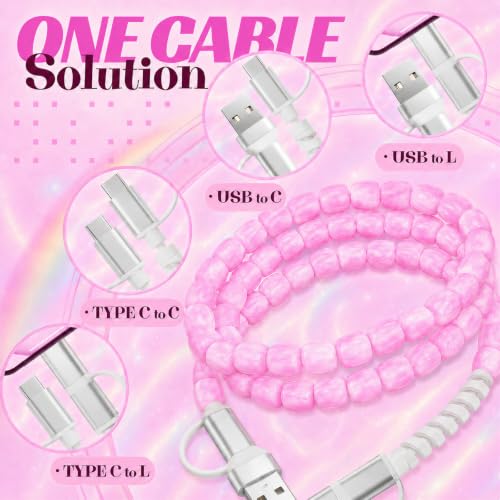 Image of 4-in-1 Beaded Charging Cable, MFi Certified, Works with CarPlay, 3.3FT 60W Fast Charger Cord for iPhone 17 /16 /15 /14 /13 /12 /11, iPad, Samsung, Android and More (Pink Jelly)