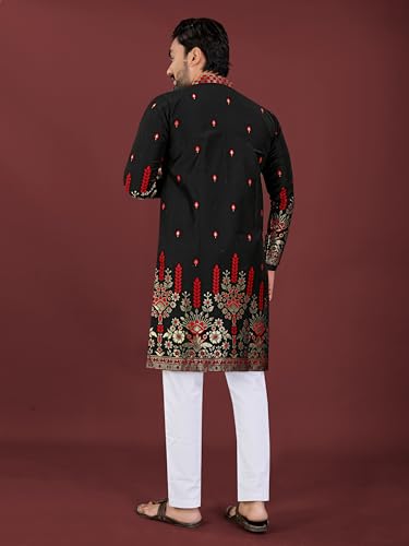 Image of Men's Cotton Silk Kurta with Jacquard Work Full Sleeves Floral Printed Side Slit and Mandarin Collar Neck | Kurta Pajama Set for Men Cotton Wedding | Short Kurta for Men