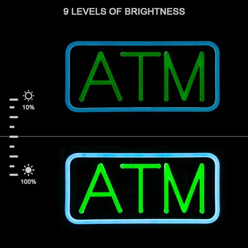 Image of ATM Neon Sign, Small Size, 12 inchx6 inch, USB Powered, 9 Levels of Brightness, Signboards for Convenience Store, Gas Station, Liquor Shop, Mini Market, Wall Window Decor for Storefront (Green, Black Acrylic)