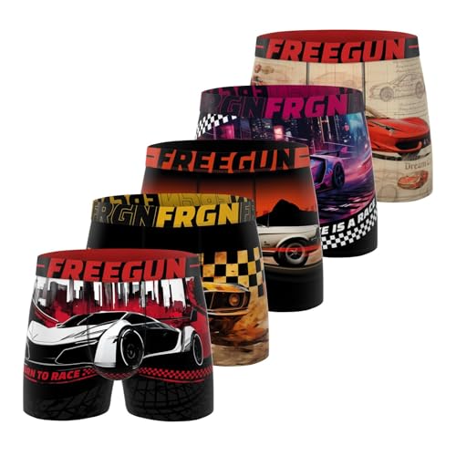 FREEGUN Boxer Enfant, Caleçon Garçon Racing, Ultra-Doux et Respirant (Lot de 5), Rouge Taille 12 ans/14 Ans