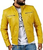Real Lambskin Leather Biker Jacket - Quilted Cafe Racer Zip Up Moto Jackets Men Moto Jacket Men for Bikers (US, Alpha, X-Large, Regular, Regular, Yellow)