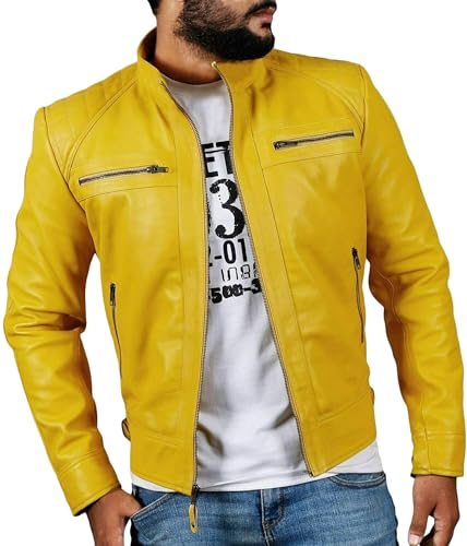 Real Lambskin Leather Biker Jacket - Quilted Cafe Racer Zip Up Moto Jackets Men Moto Jacket Men for Bikers