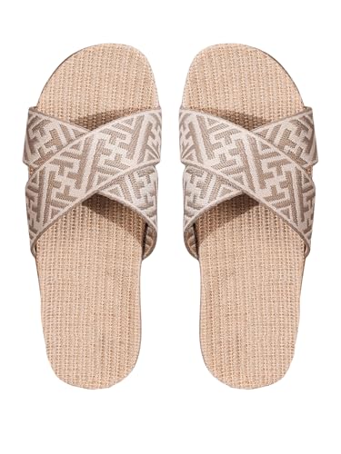 OYOANGLE Women's Graphic Print Criss Cross Strap Linen Slippers Open Toe Slip On Flat Slides Soft Comfy Home Shoes
