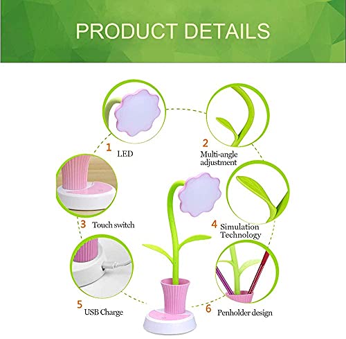 Schreibtischlampe für Kinder, LED Schreibtischlampe Dimmbare Nachttischlampe mit Touchsensor, Augenfreundlich Leselampe mit Stifthalter, USB Wiederaufladbare Tischlampe für Kinder (Rosa) - 2