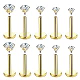 Telooco 10 Pcs 18G Flat Back Nose Stud Surgical Steel Earrings Studs Anti-allergic Silver Internally Threaded Labret Stud Tragus Piercing Jewellery (Gold)