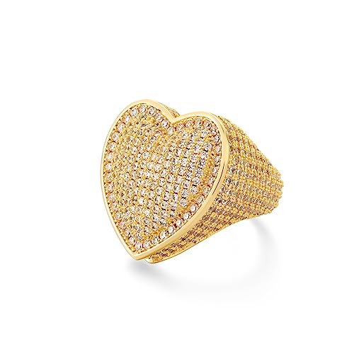 Iced Out Jewelry 5A Cz Stones Shiny Baguette Heart Engagement Gold Luxury Diamond Ring, Hip Hop Bling Bling 18K Gold Plated Party Pinky Ring Men Women