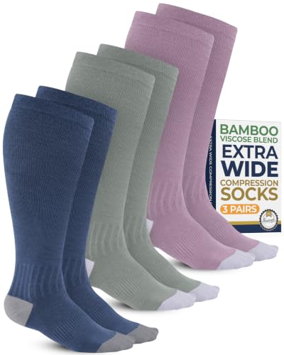 Pembrook 3 Pairs Plus Size Compression Socks Wide Calf - Bamboo Viscose Plus Size Knee High Socks Light Green Light Blue Rose/Rse-3XL
